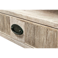Drawer handle detail on rustic washed oval end table.