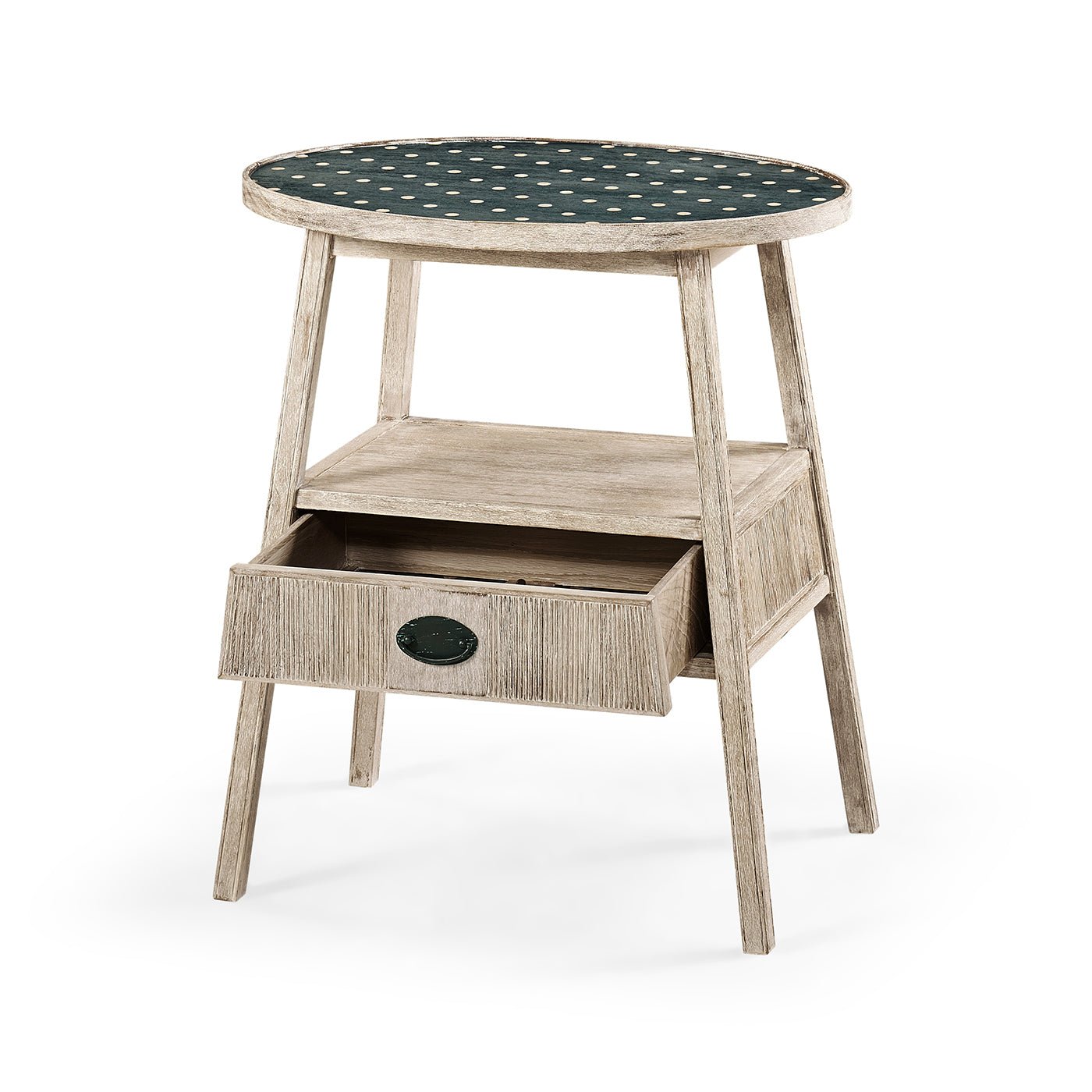 Rustic washed oval end table with open drawer display.