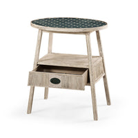 Rustic washed oval end table with open drawer display.