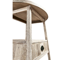 Side angle showing rustic detailing on oval end table.