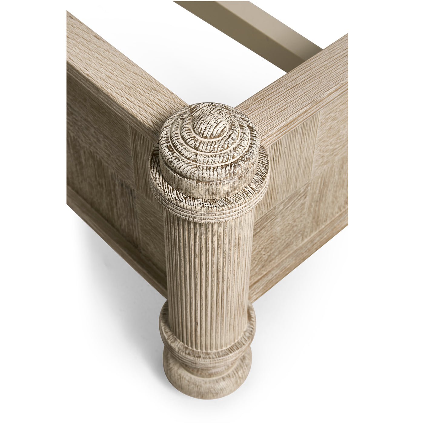 Close-up of Rustic Washed Pencil Post Bed corner post design.