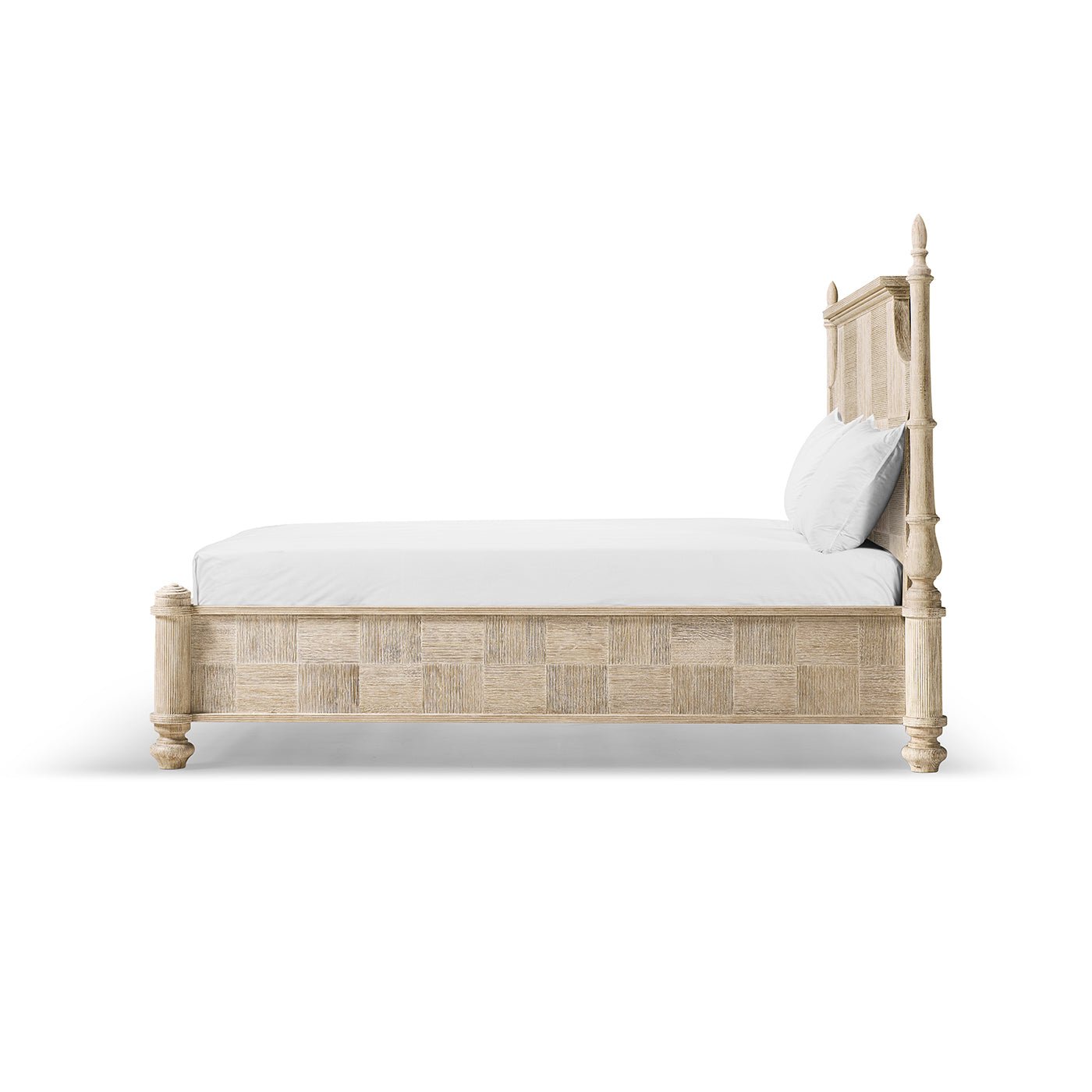 Side view of Rustic Washed Pencil Post Bed, without posts.