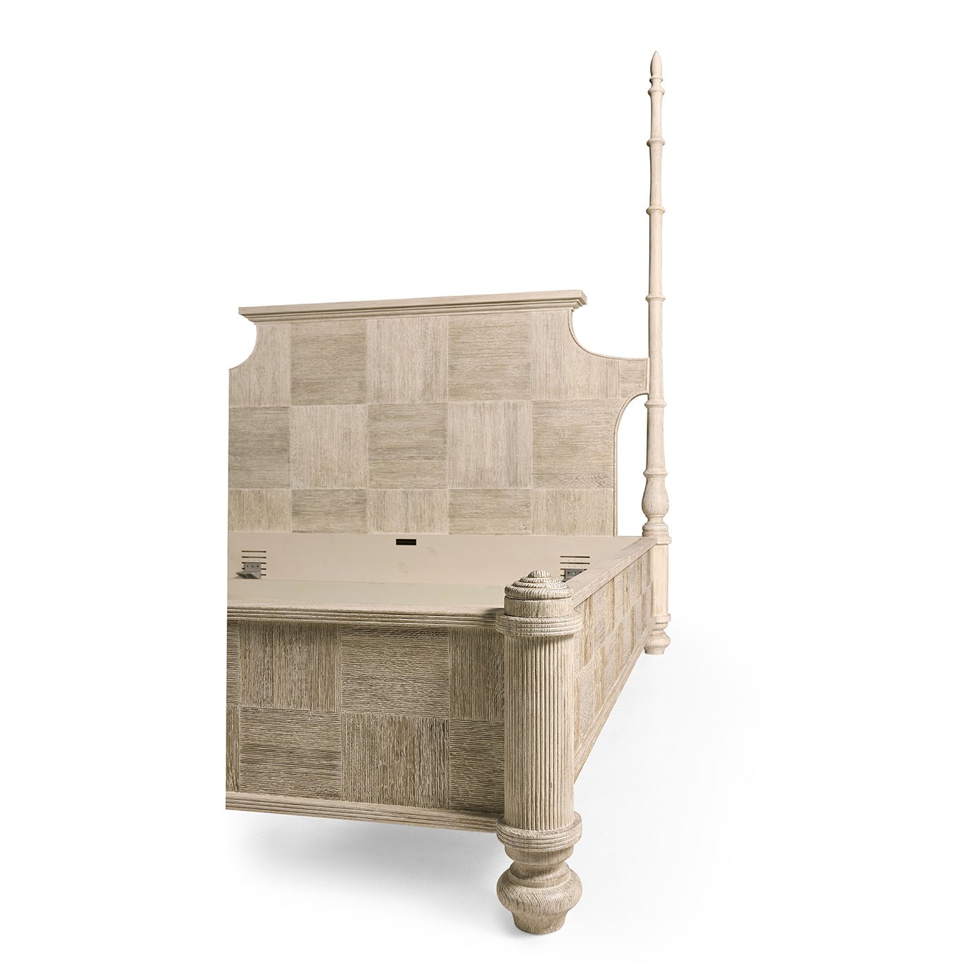 Rustic Washed Pencil Post Bed without mattress, base structure visible.