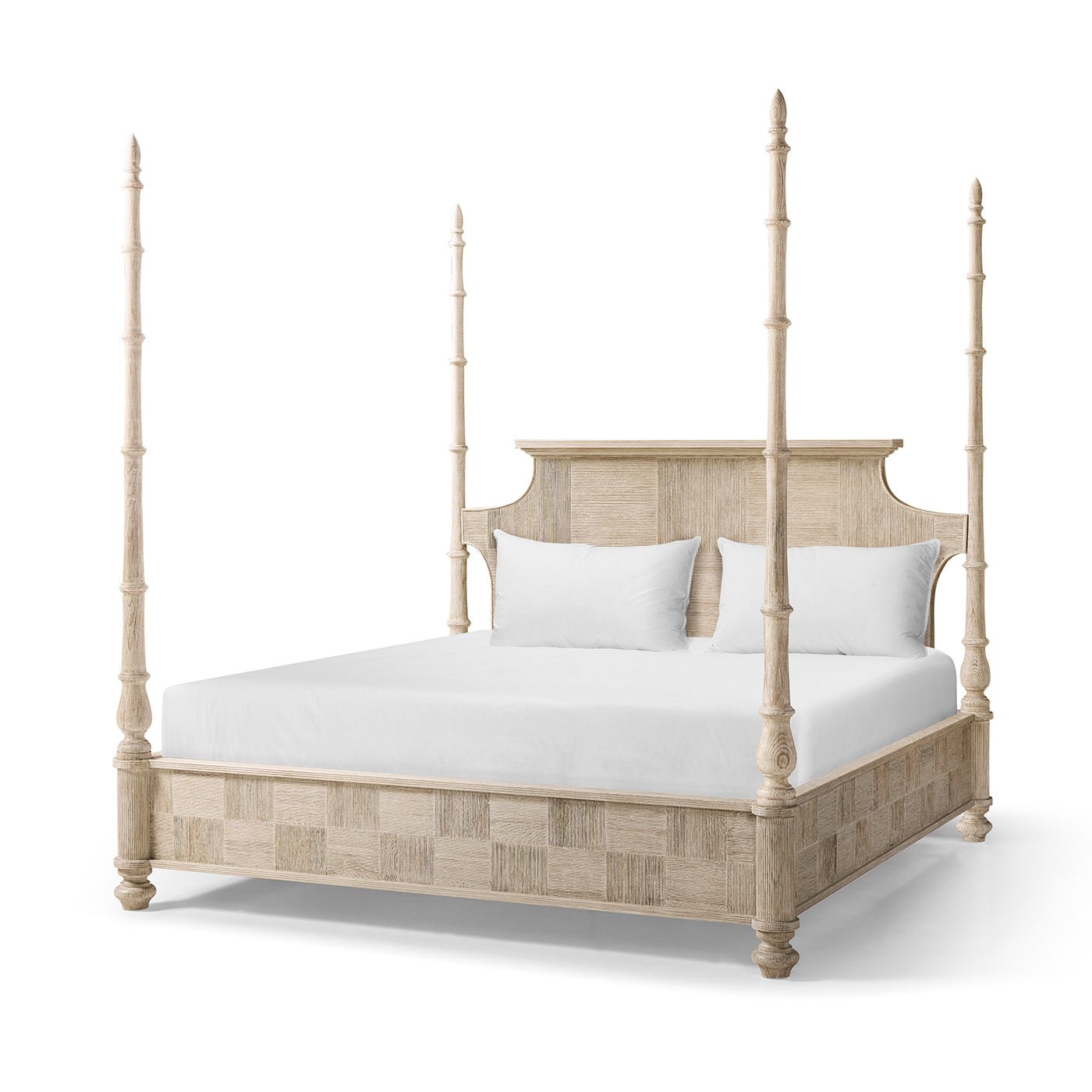 Rustic Washed Pencil Post Bed with tall posts, angled view.