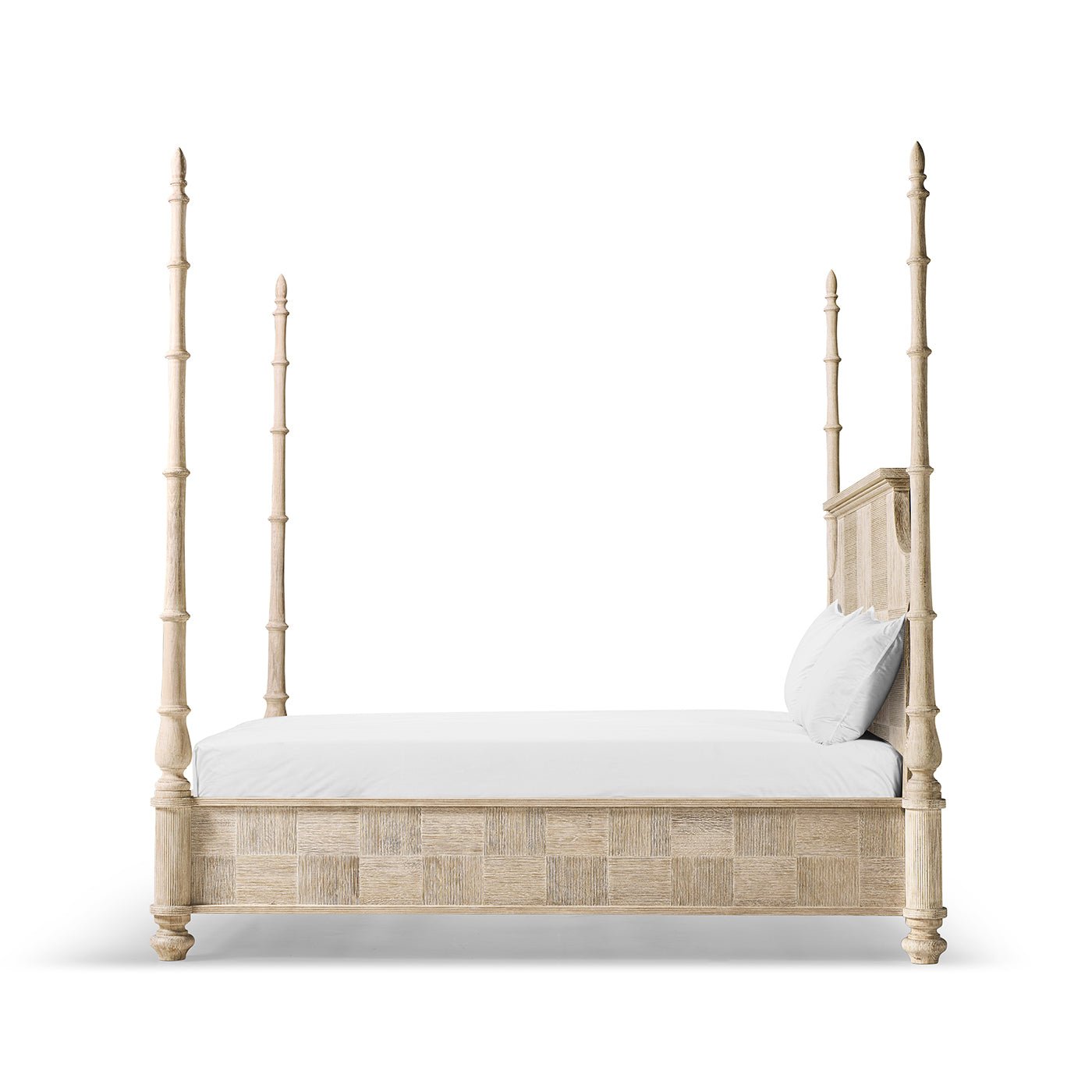 Side view of Rustic Washed Pencil Post Bed with posts.
