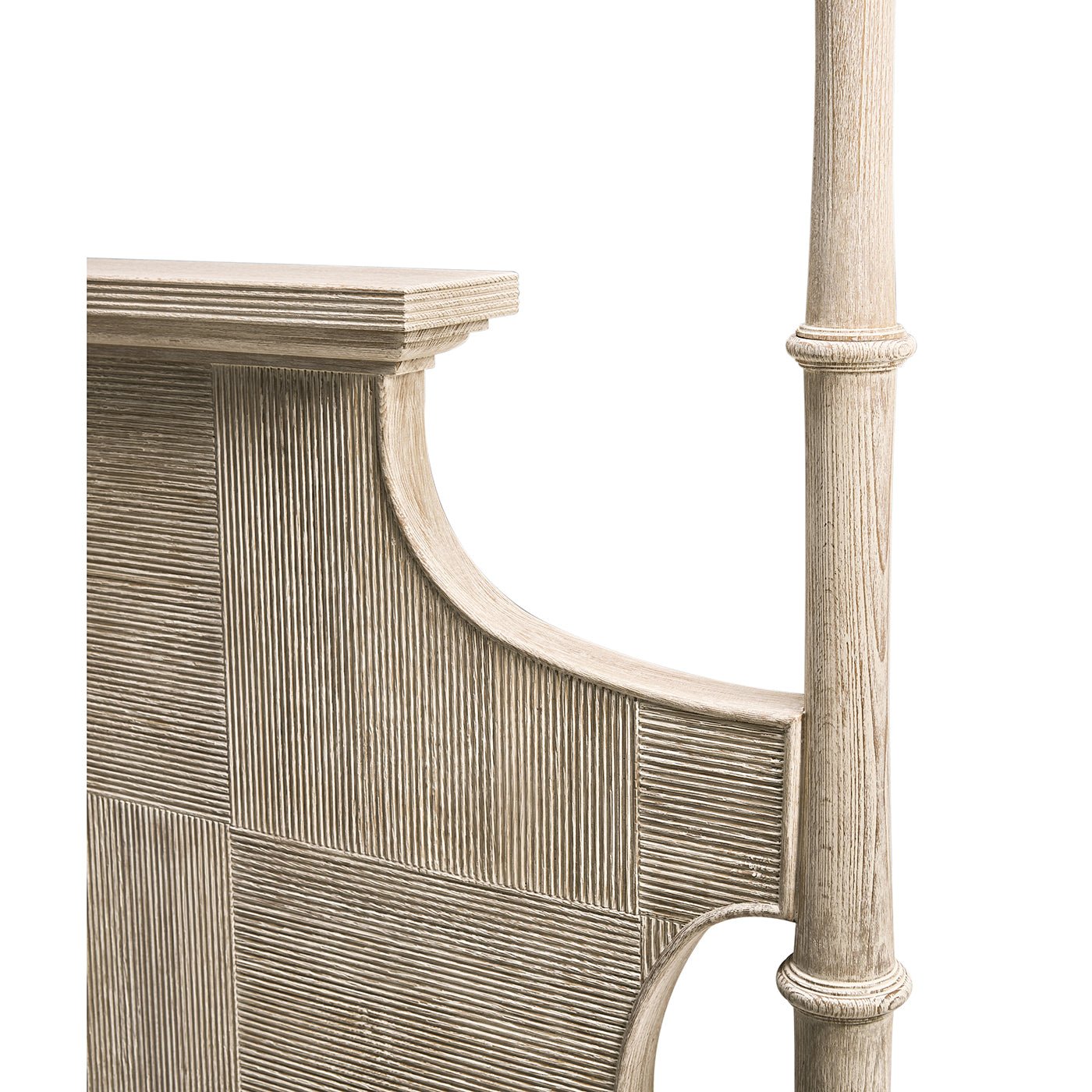 Close-up of Rustic Washed Pencil Post Bed headboard design.