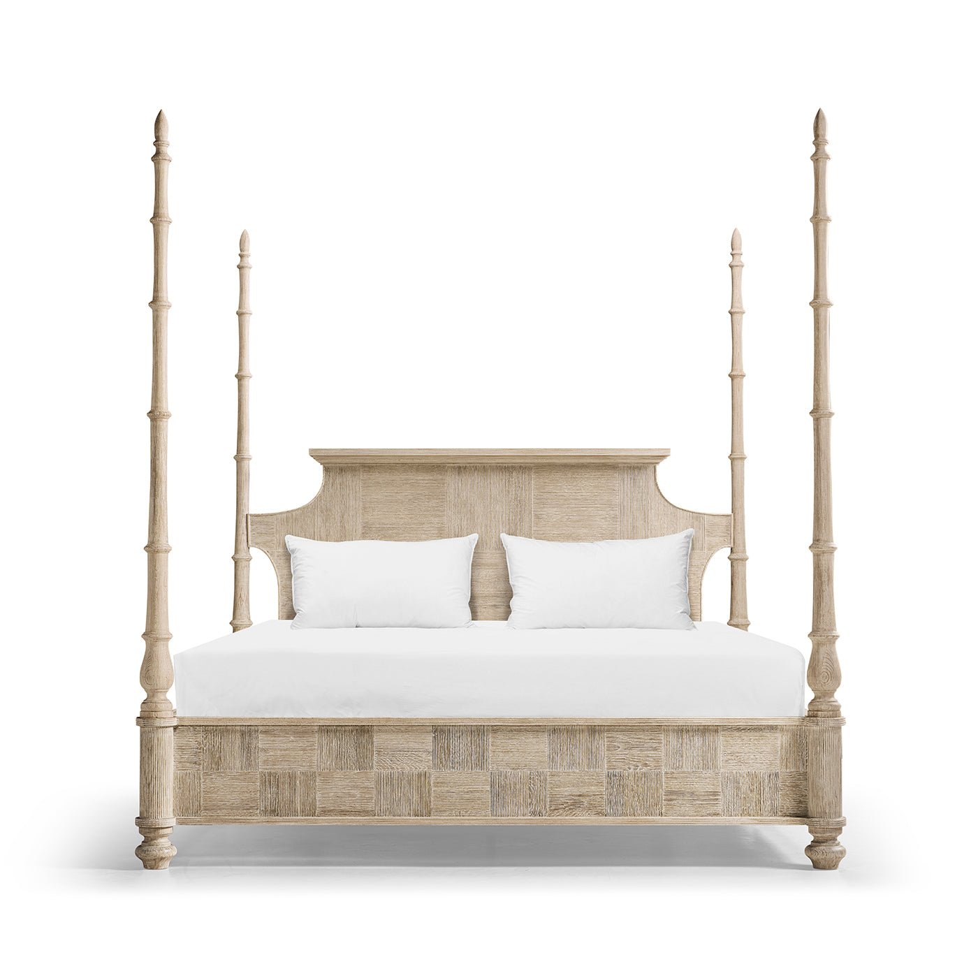 Frontal view of Rustic Washed Pencil Post Bed with posts.