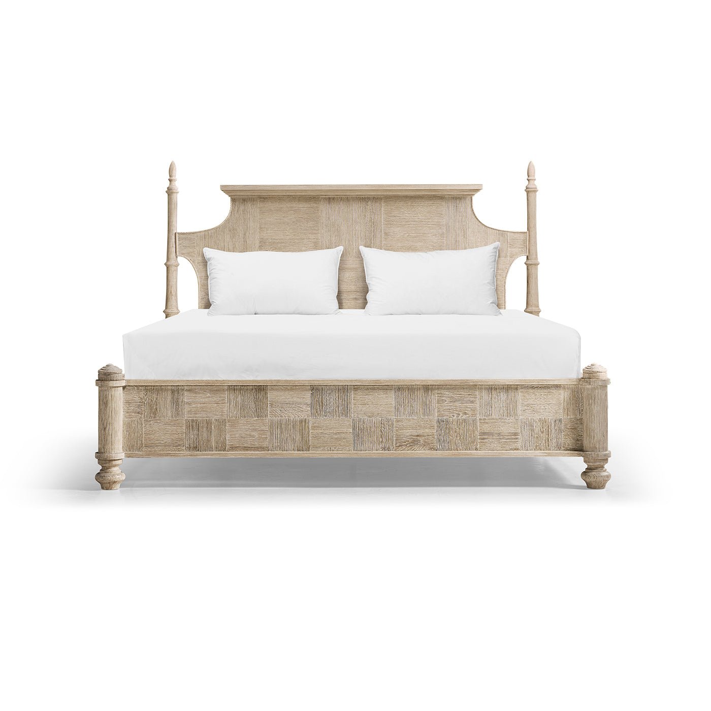 Frontal view of Rustic Washed Pencil Post Bed, without posts.