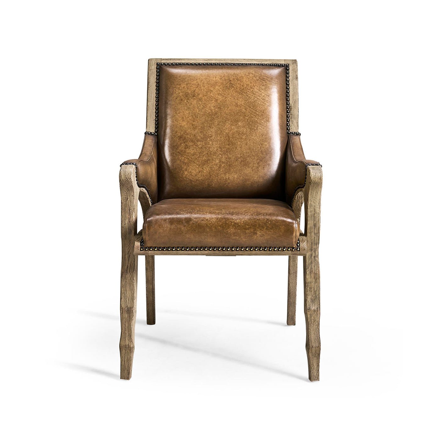 Rustic leather armchair, straight-on front view.