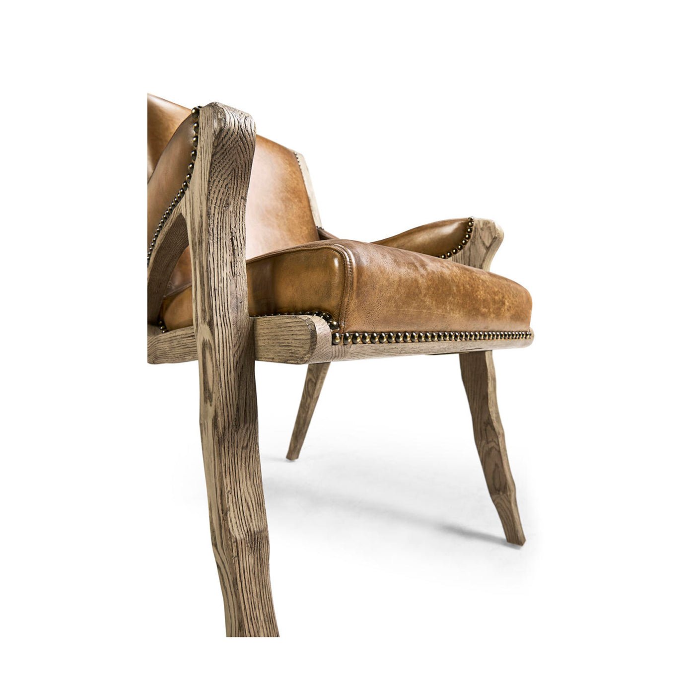 Rustic leather armchair, underside and leg design.