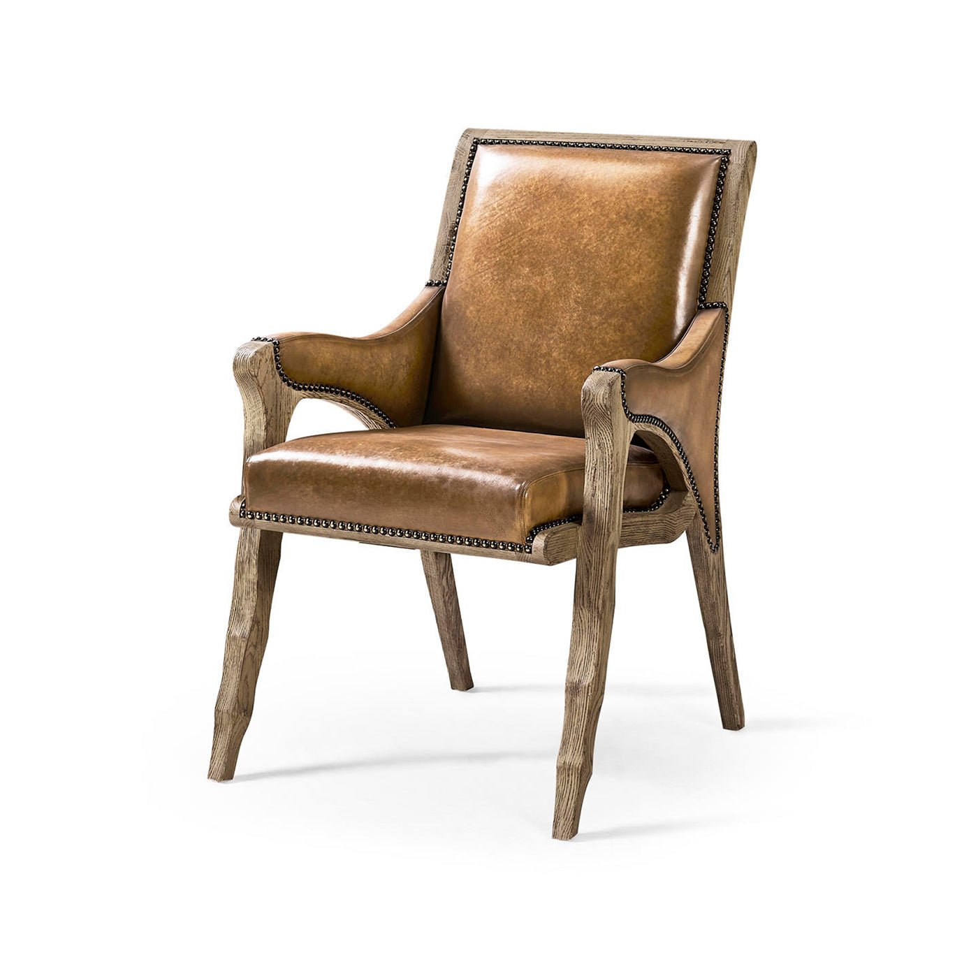 Rustic leather armchair, front three-quarter view.
