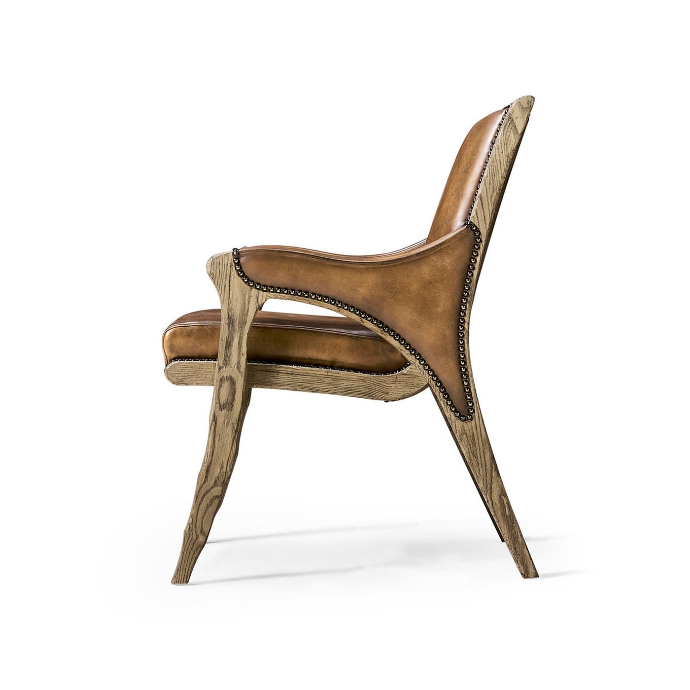Rustic leather armchair, elegant side profile.