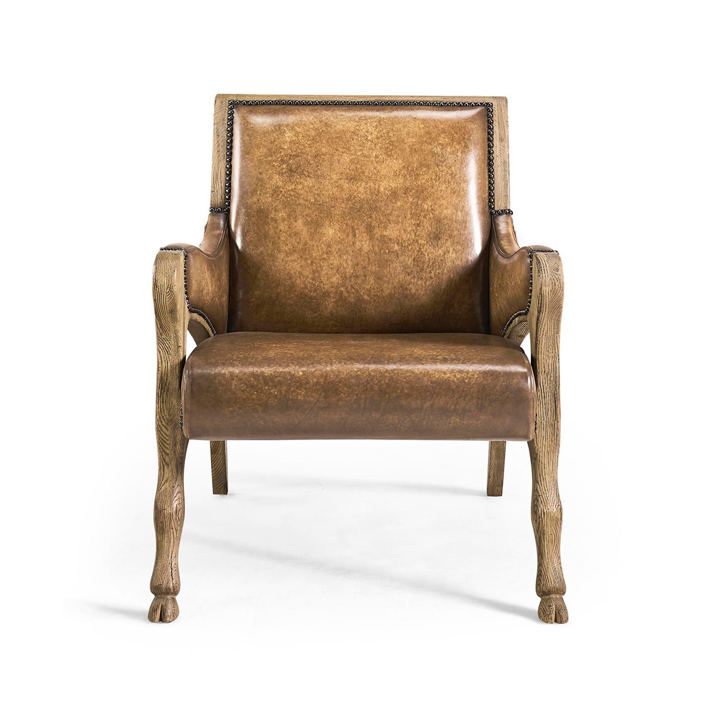 Leather accent chair front view displaying wooden armrests.