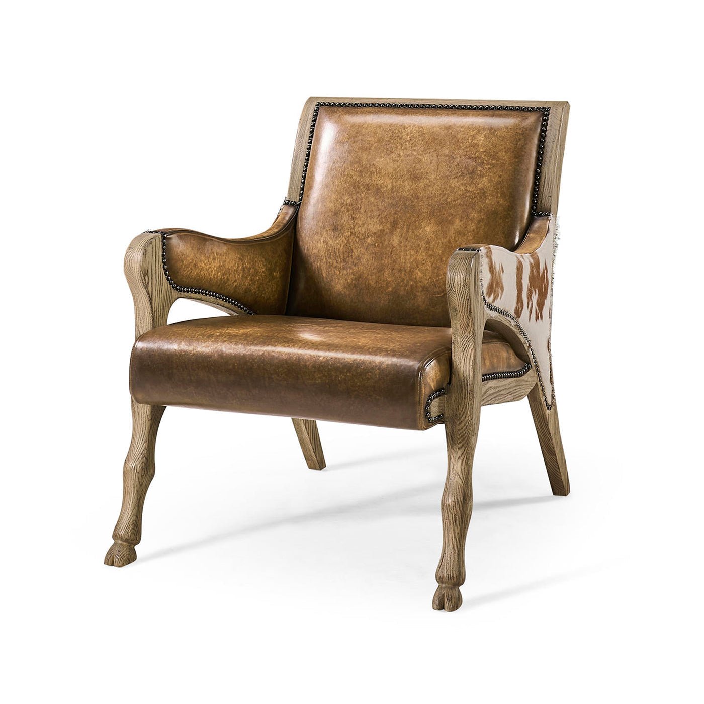 Rustic leather accent chair front view with wood legs.