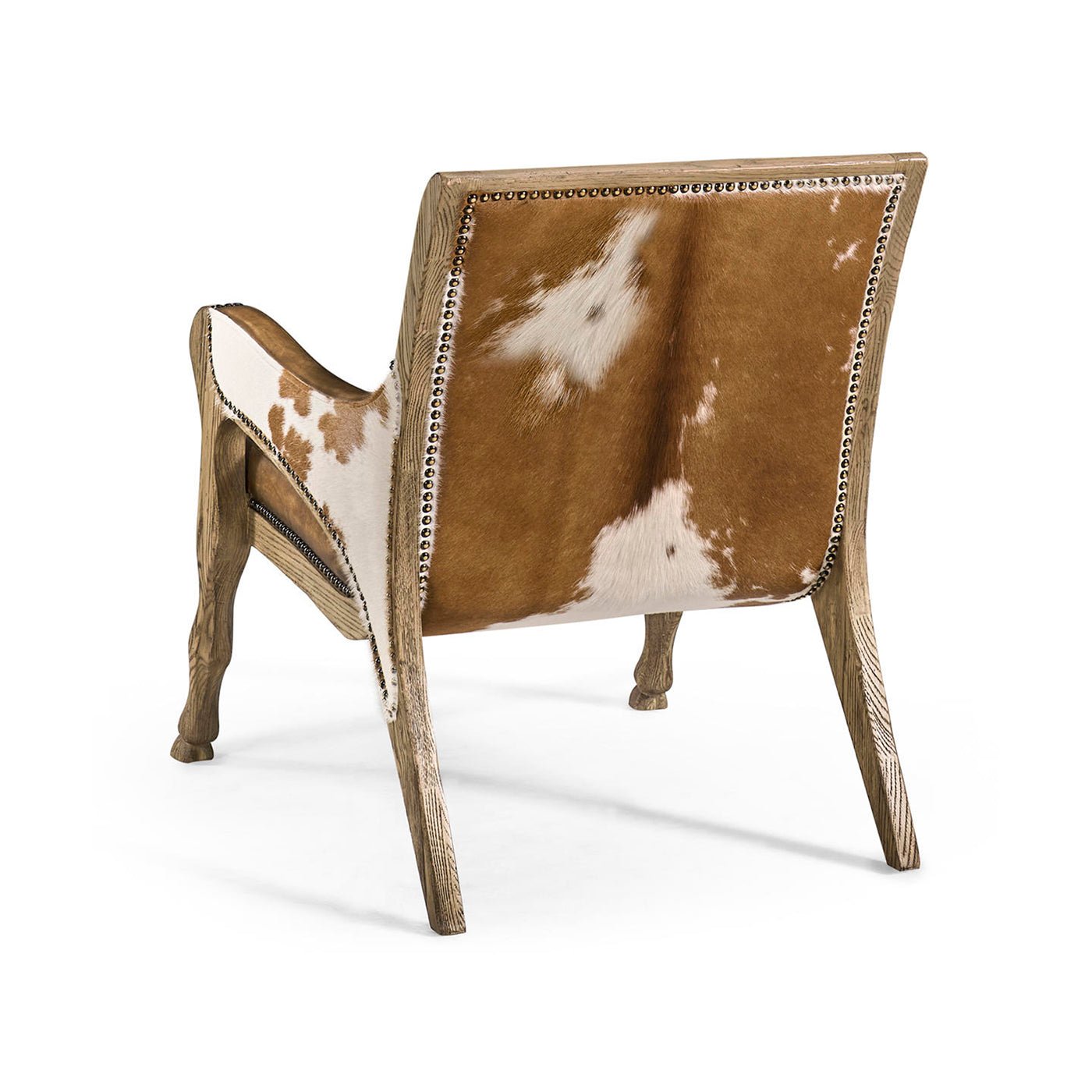 Back view of leather accent chair with cowhide detail.