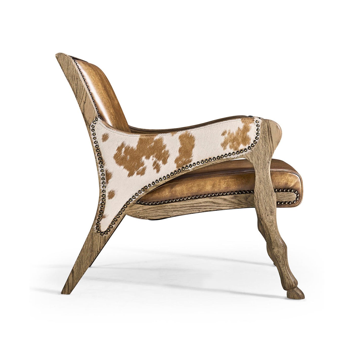 Side profile of accent chair with cowhide and leather.