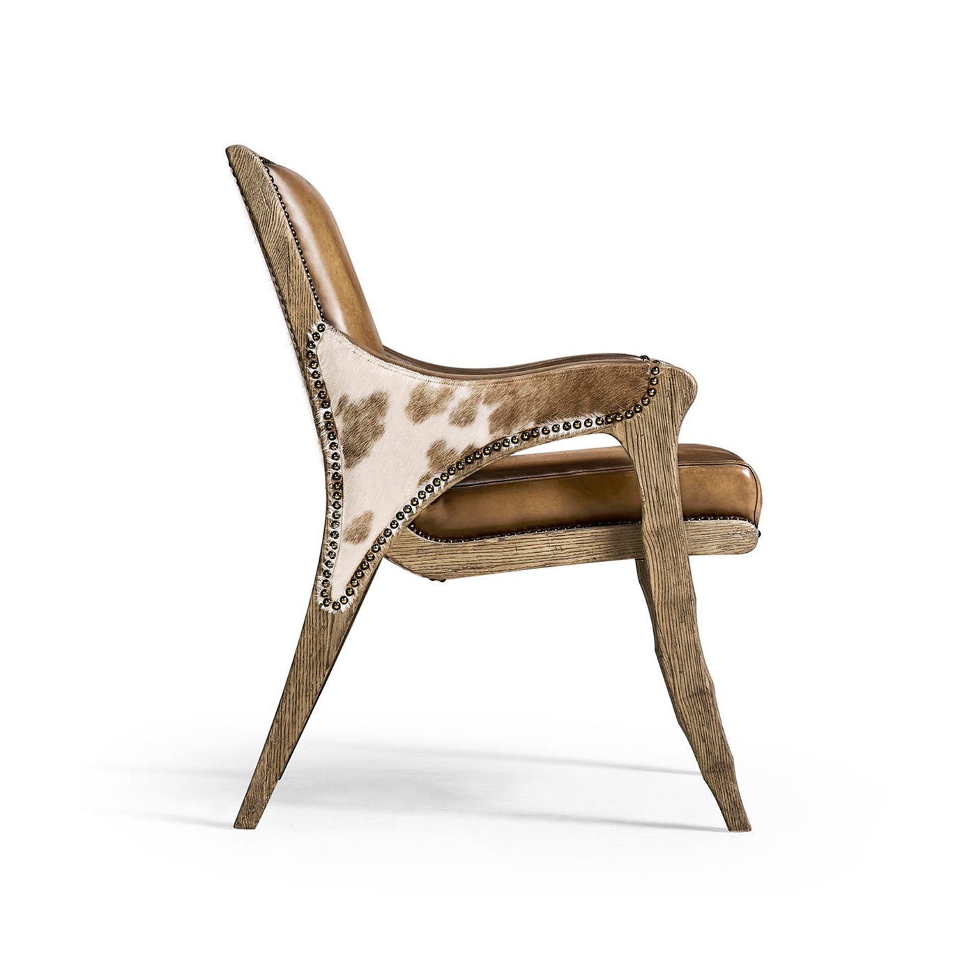 Rustic armchair side view, showing armrest details.