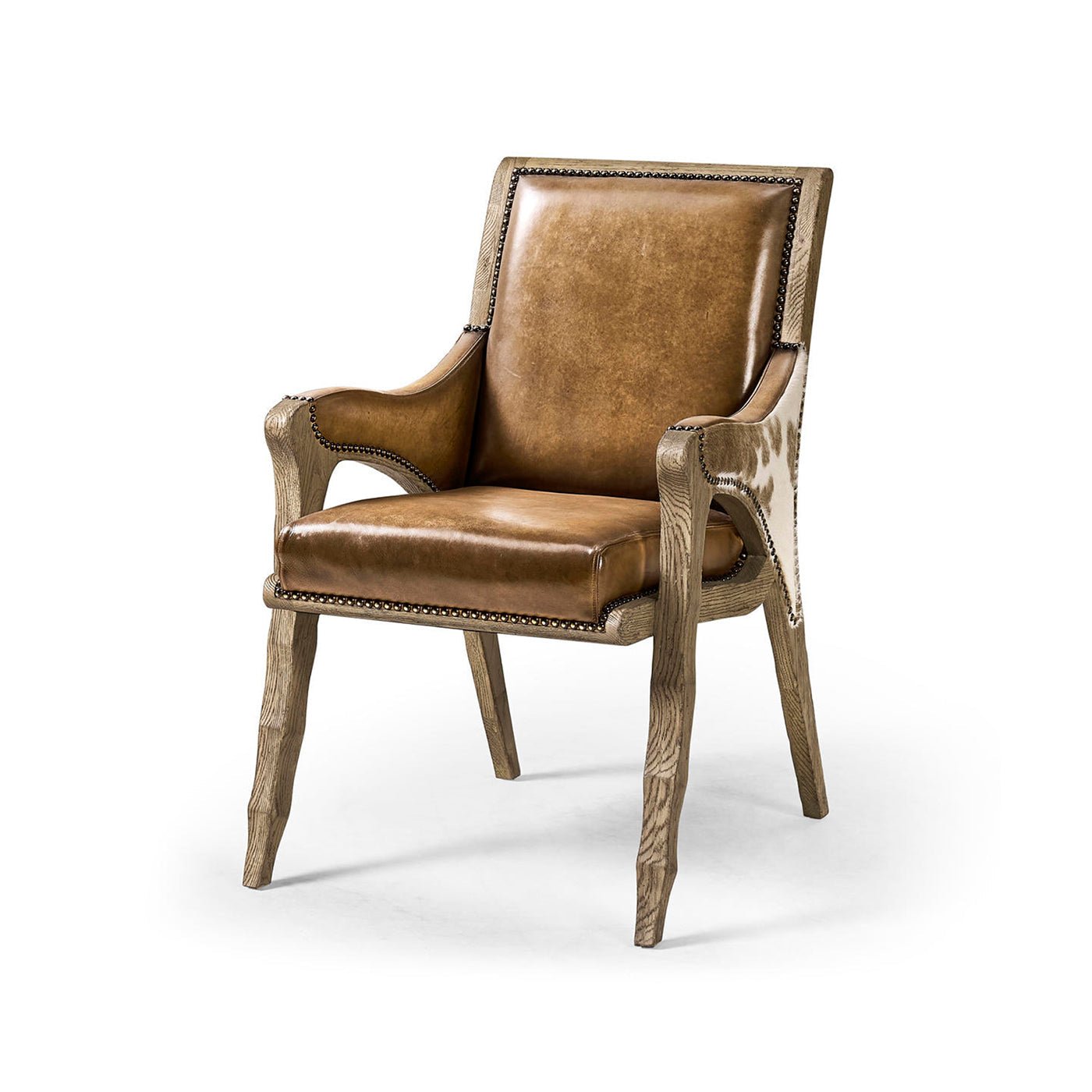 Rustic leather armchair front view, brown upholstery.