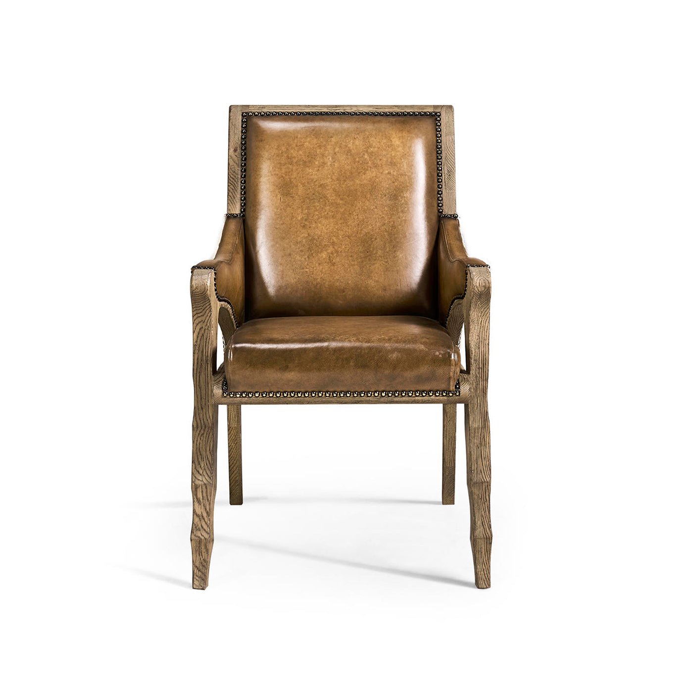 Rustic armchair front view, wooden frame visible.