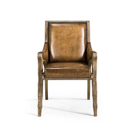 Rustic armchair front view, wooden frame visible.