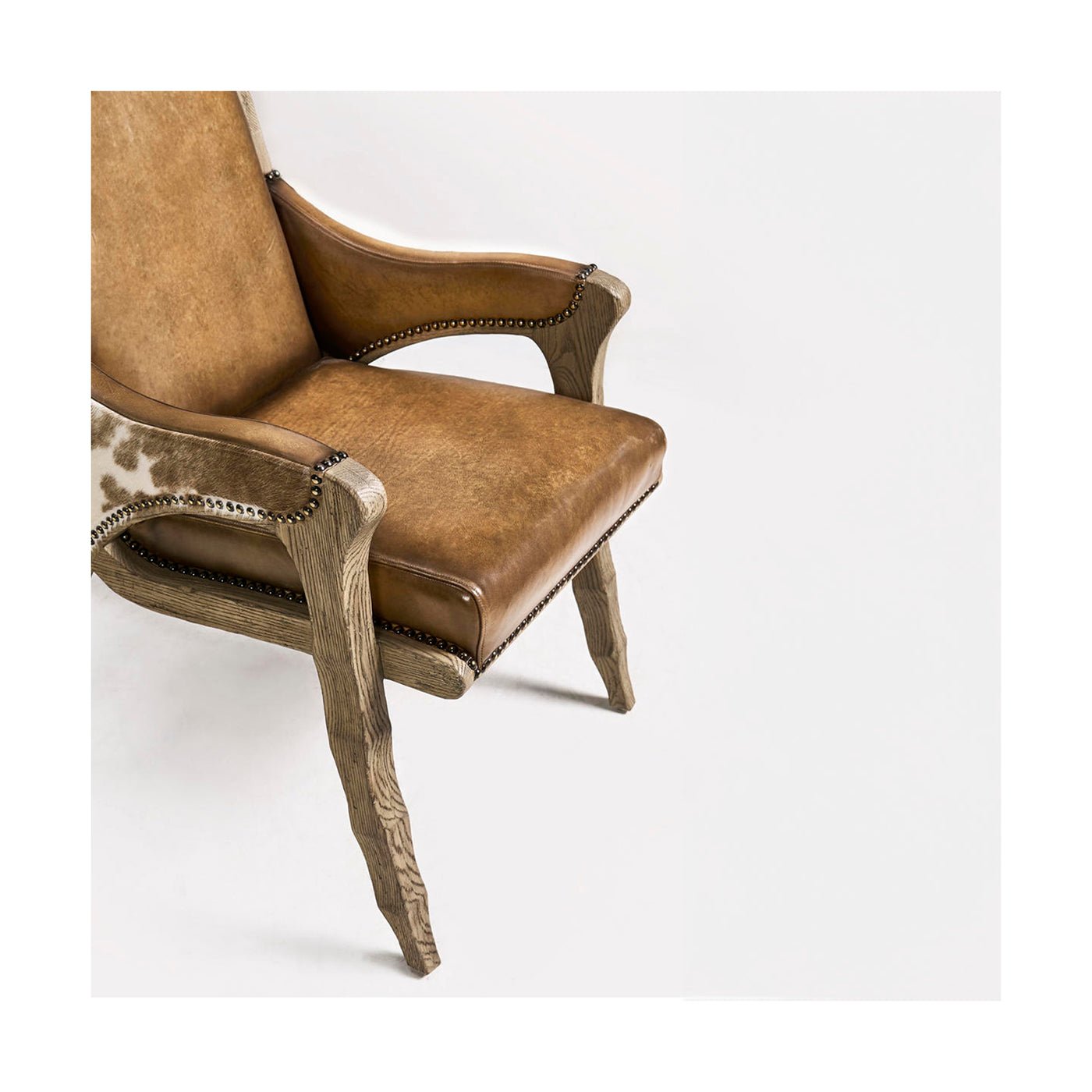 Top view rustic armchair, wooden frame and upholstery.