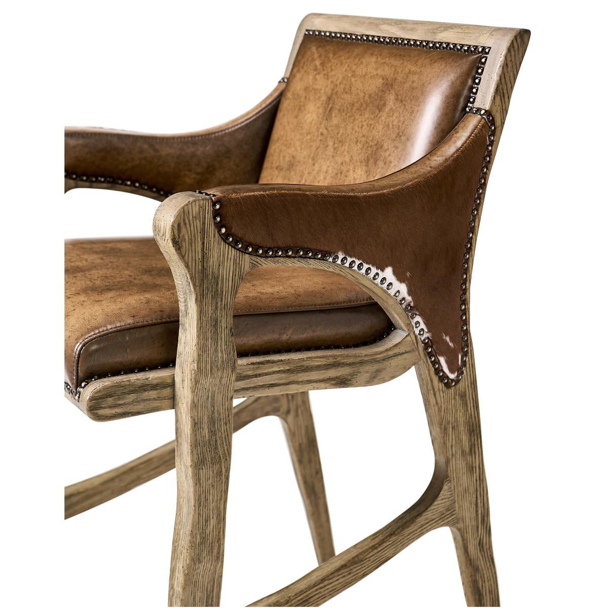 Rustic Western bar stool, armrest and seat detail.