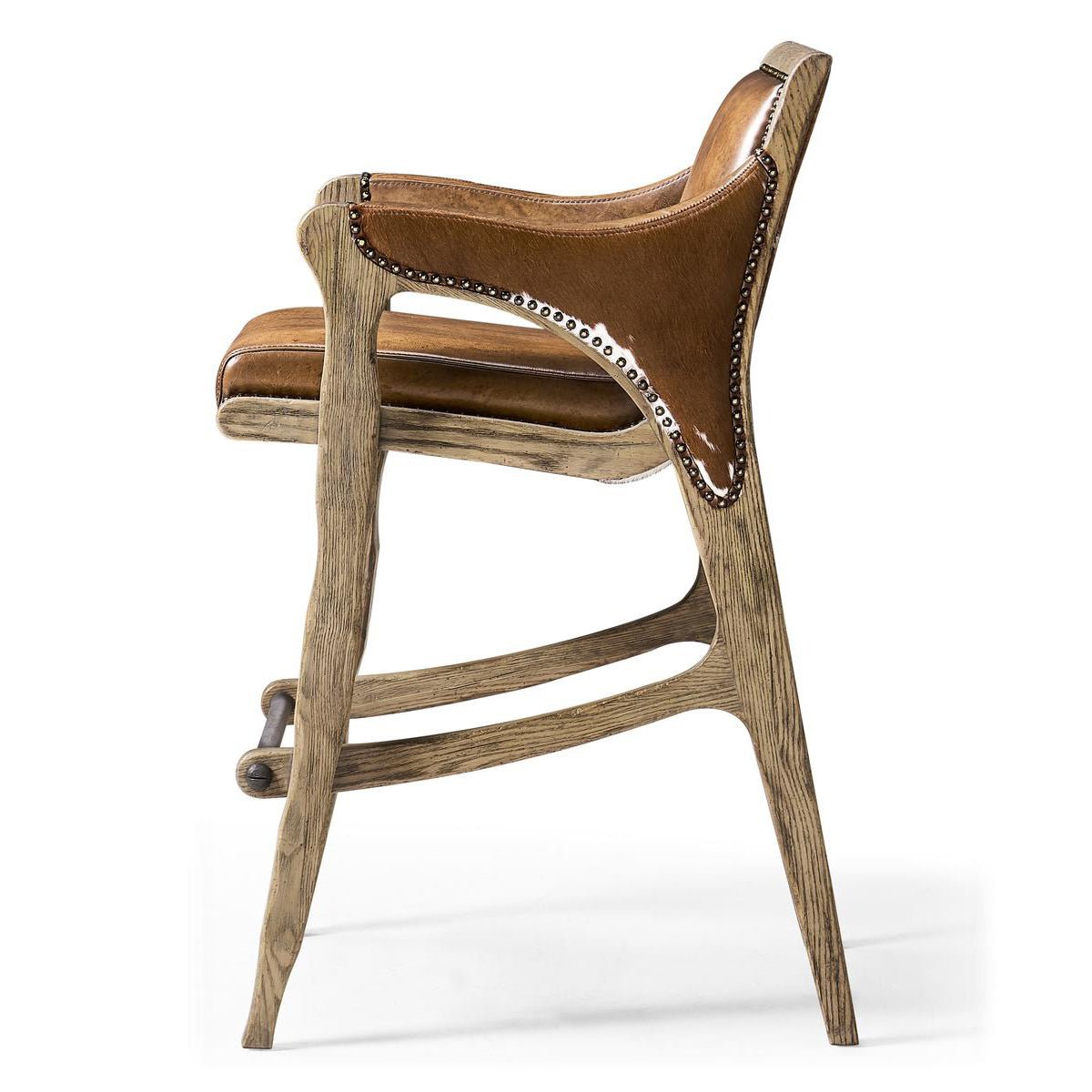 Side view of Rustic Western bar stool, armrest design.