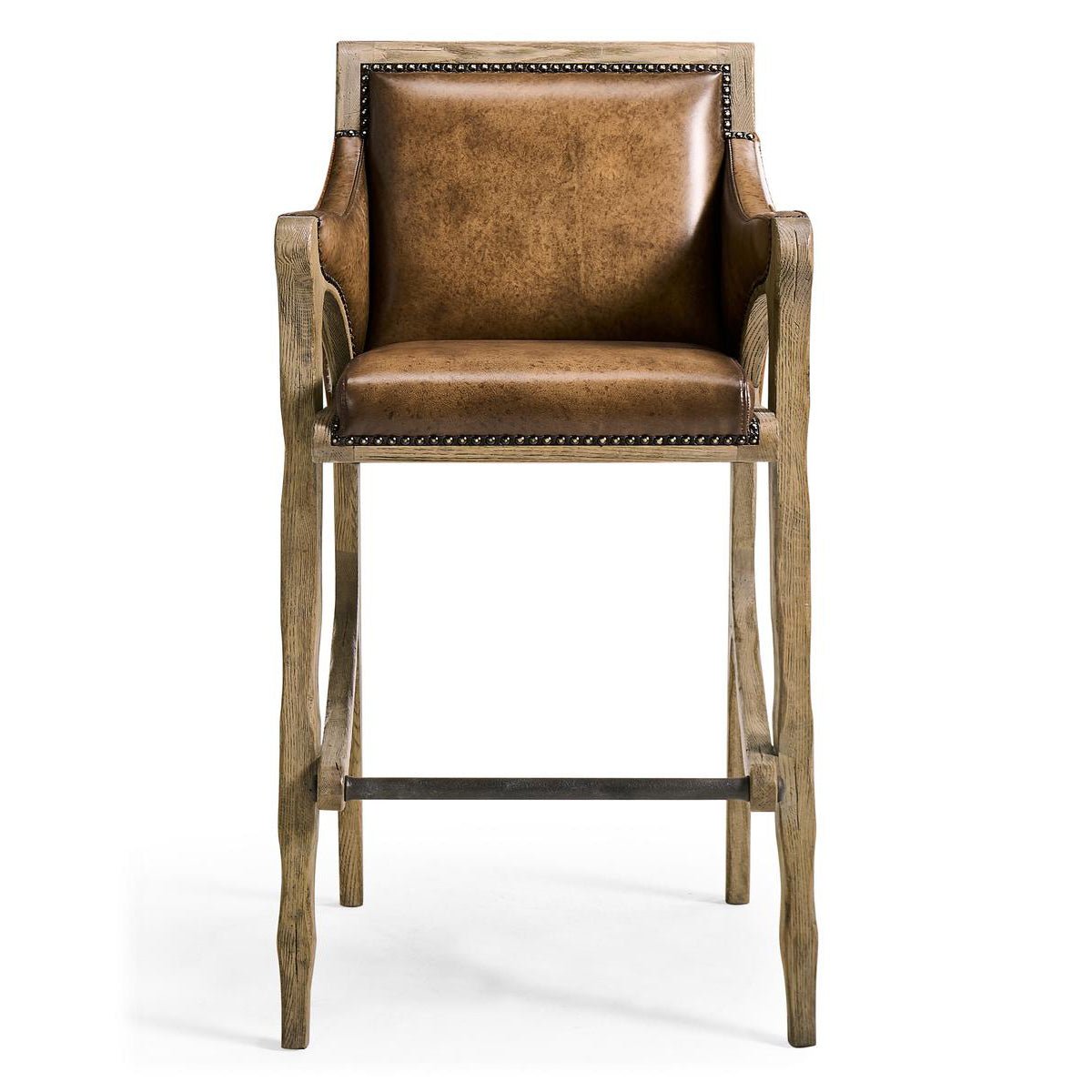 Front view Rustic Western bar stool, detailed seat design.