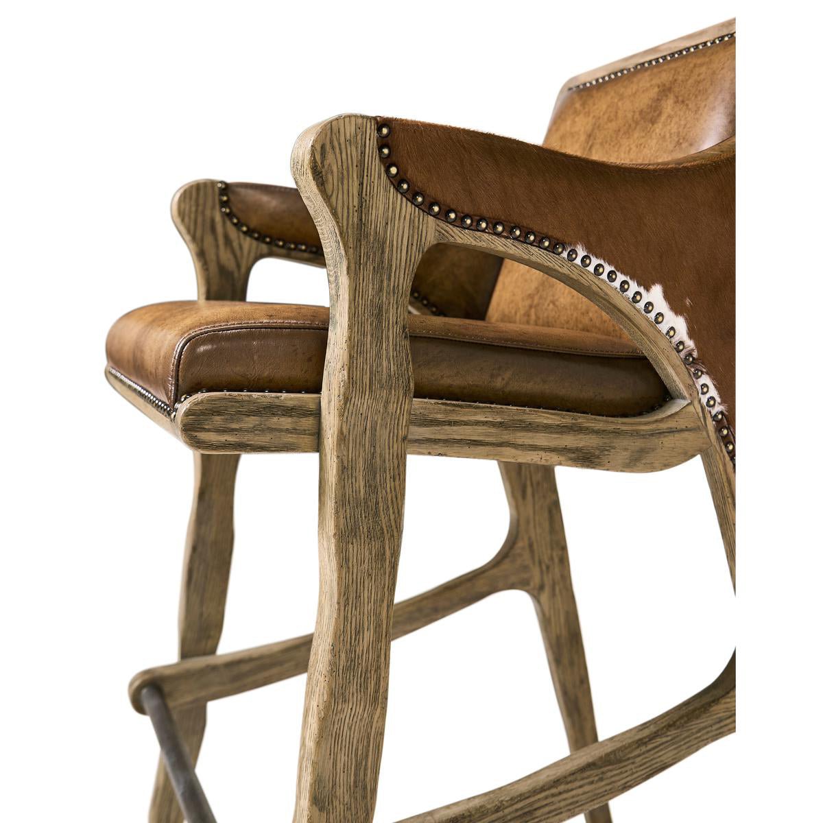 Rustic Western bar stool, armrest and seat close-up view.