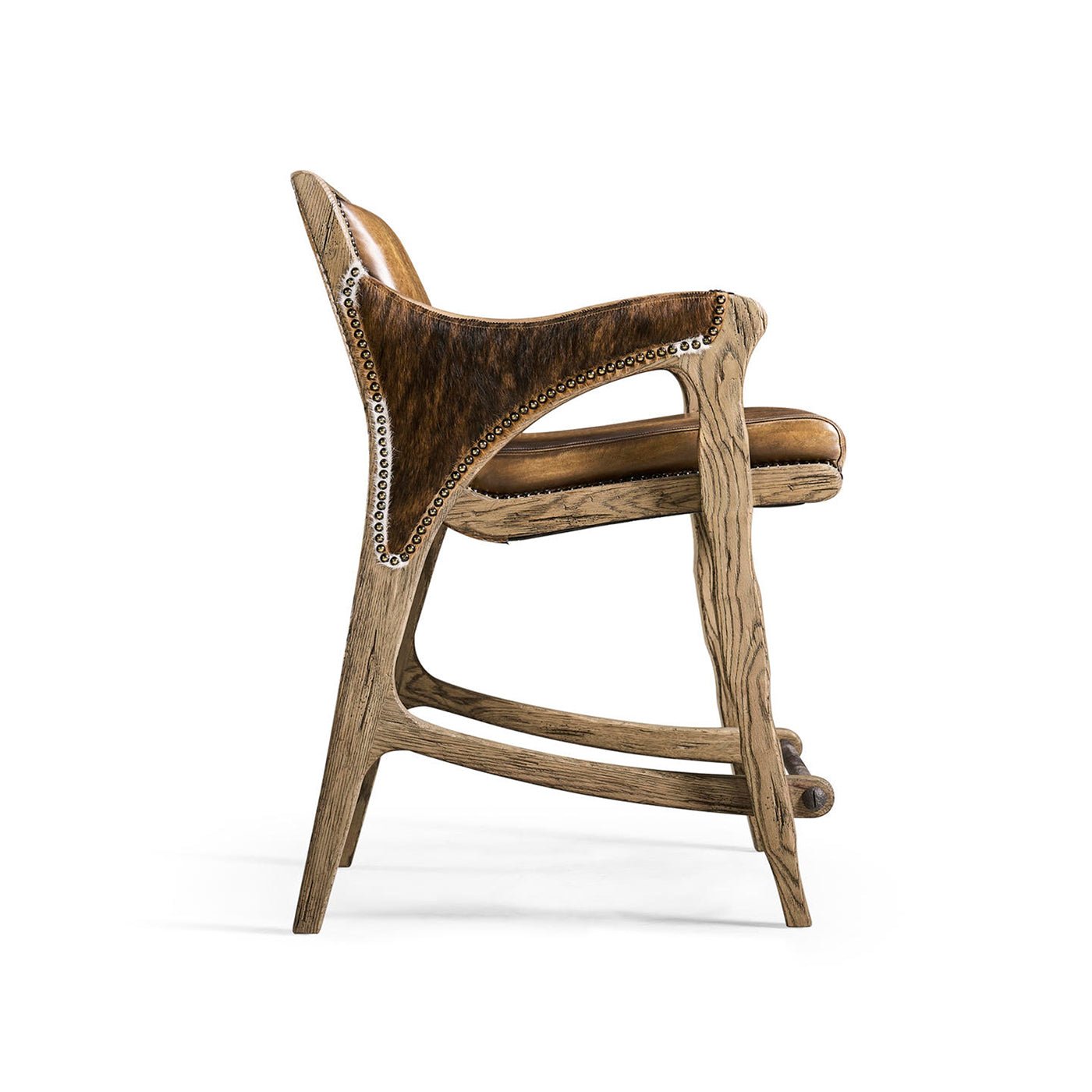 Side view of rustic counter stool with wooden legs.