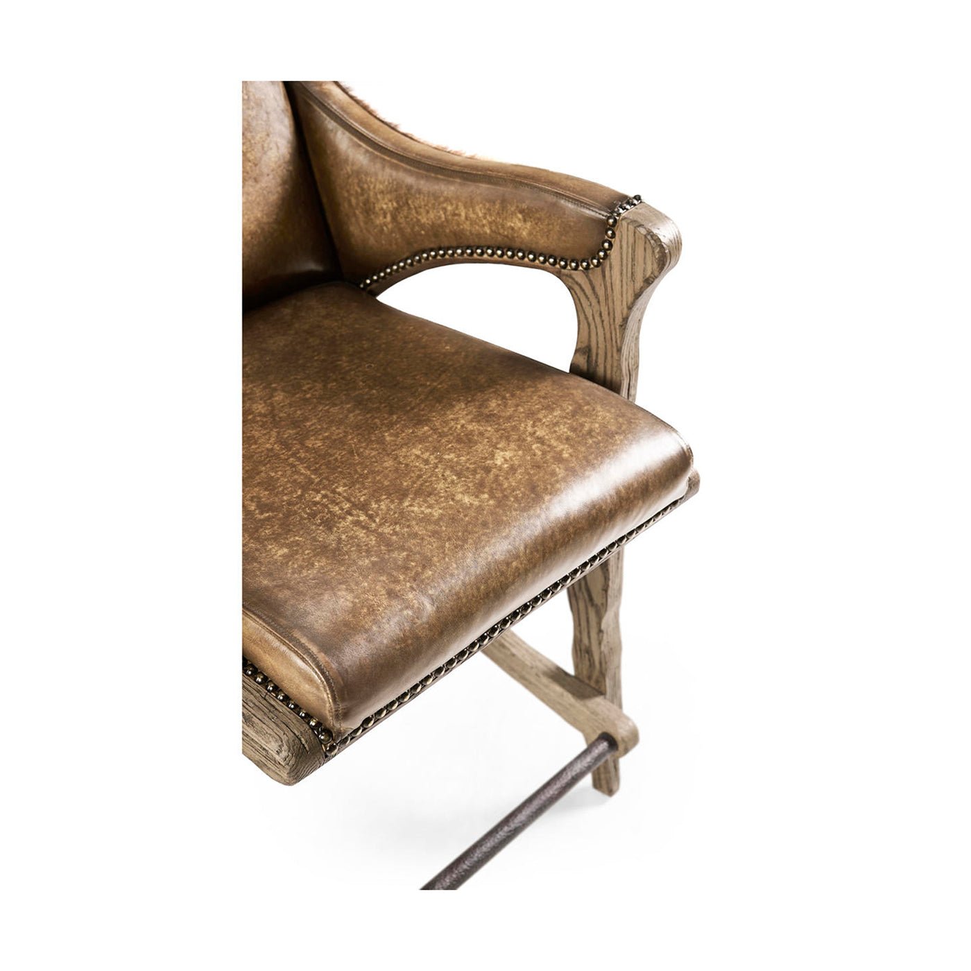 Top view of leather seat and arm detail on stool.