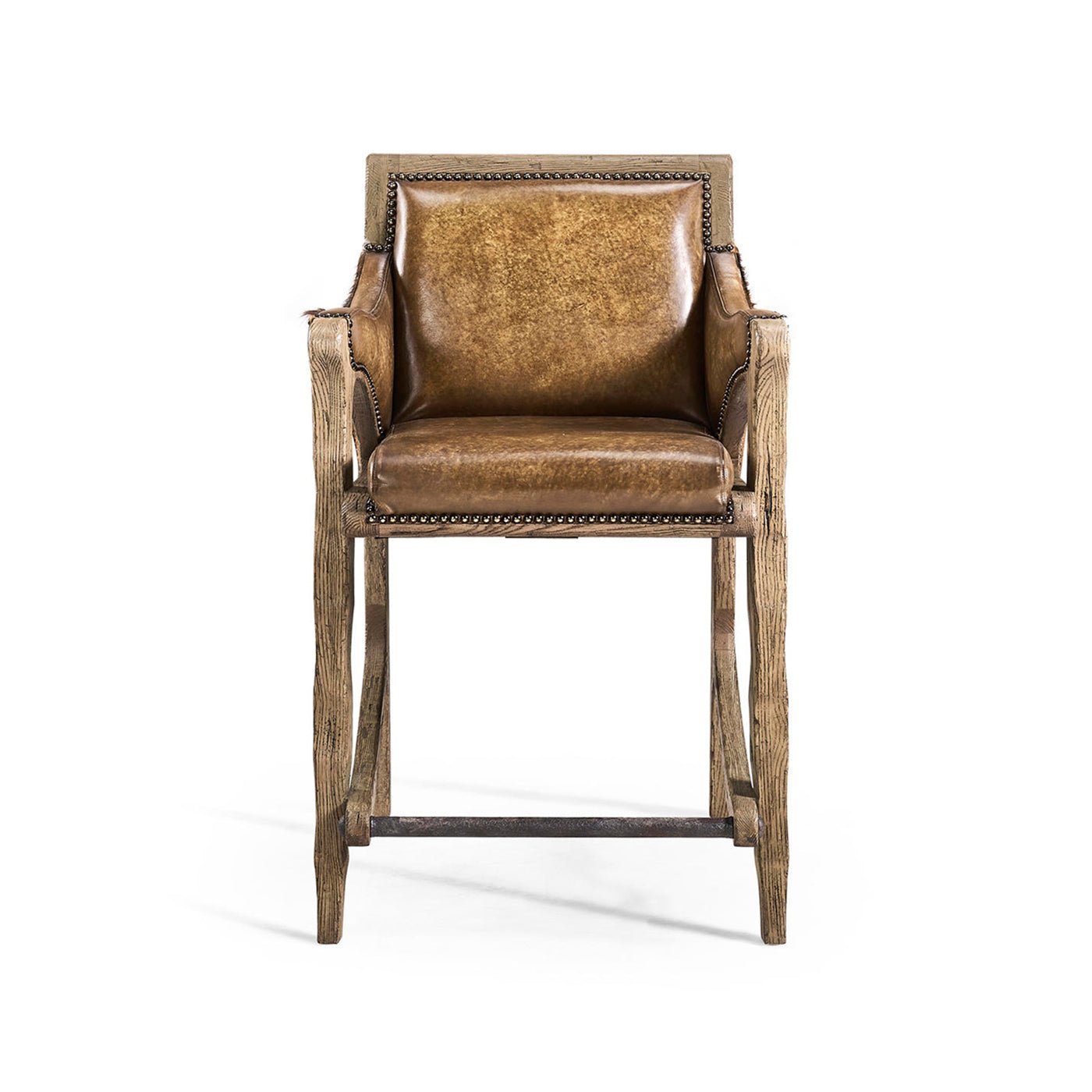 Rustic counter stool front angle showing leather and wood.