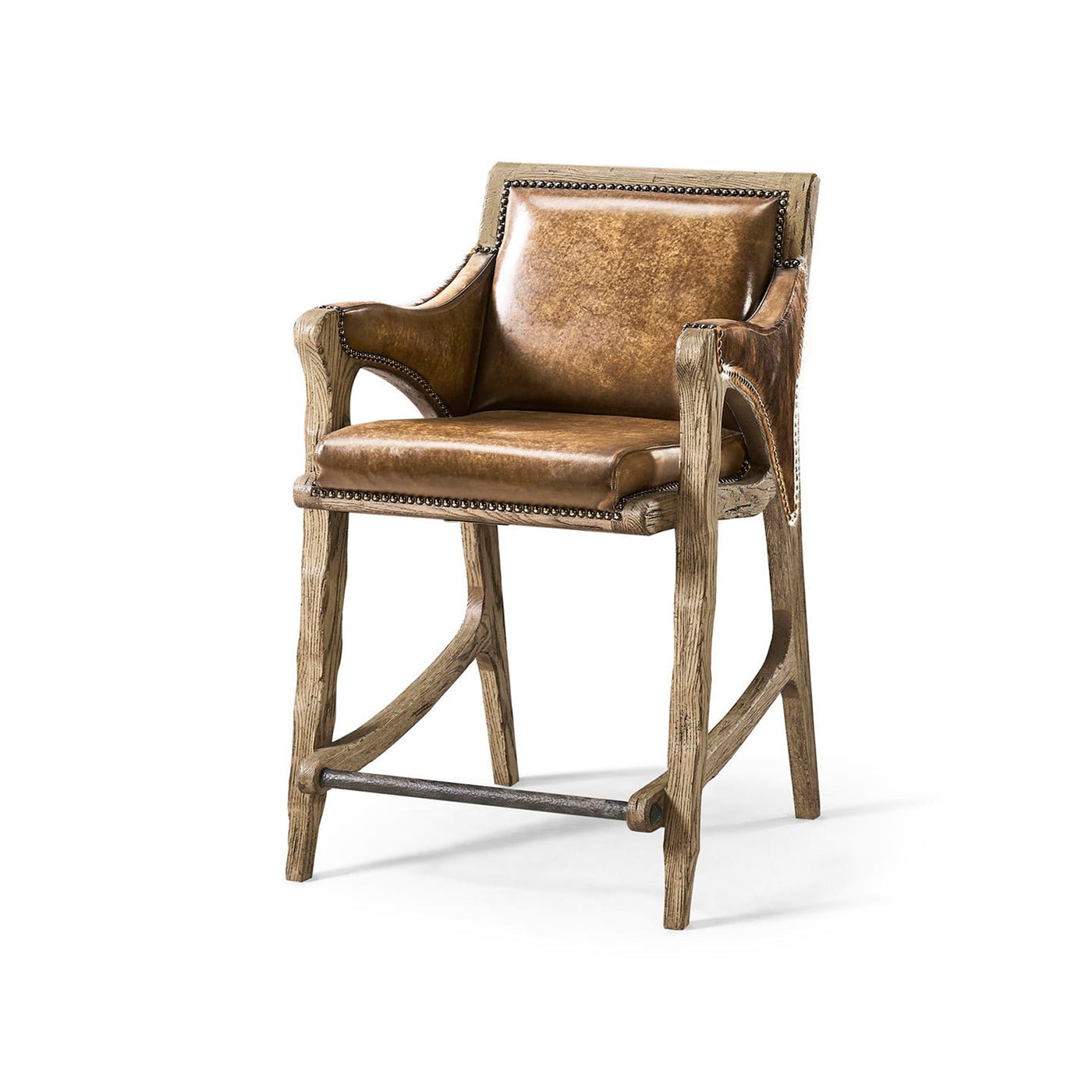 Rustic counter stool front view with leather seat.