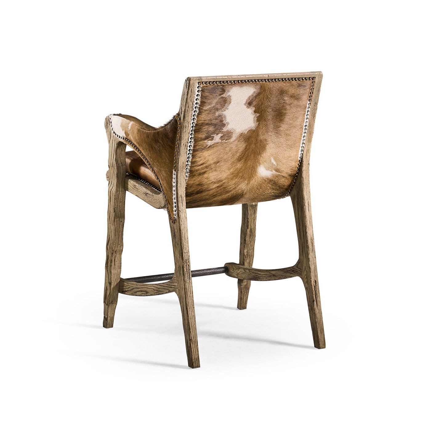 Back view of rustic counter stool with hide upholstery.