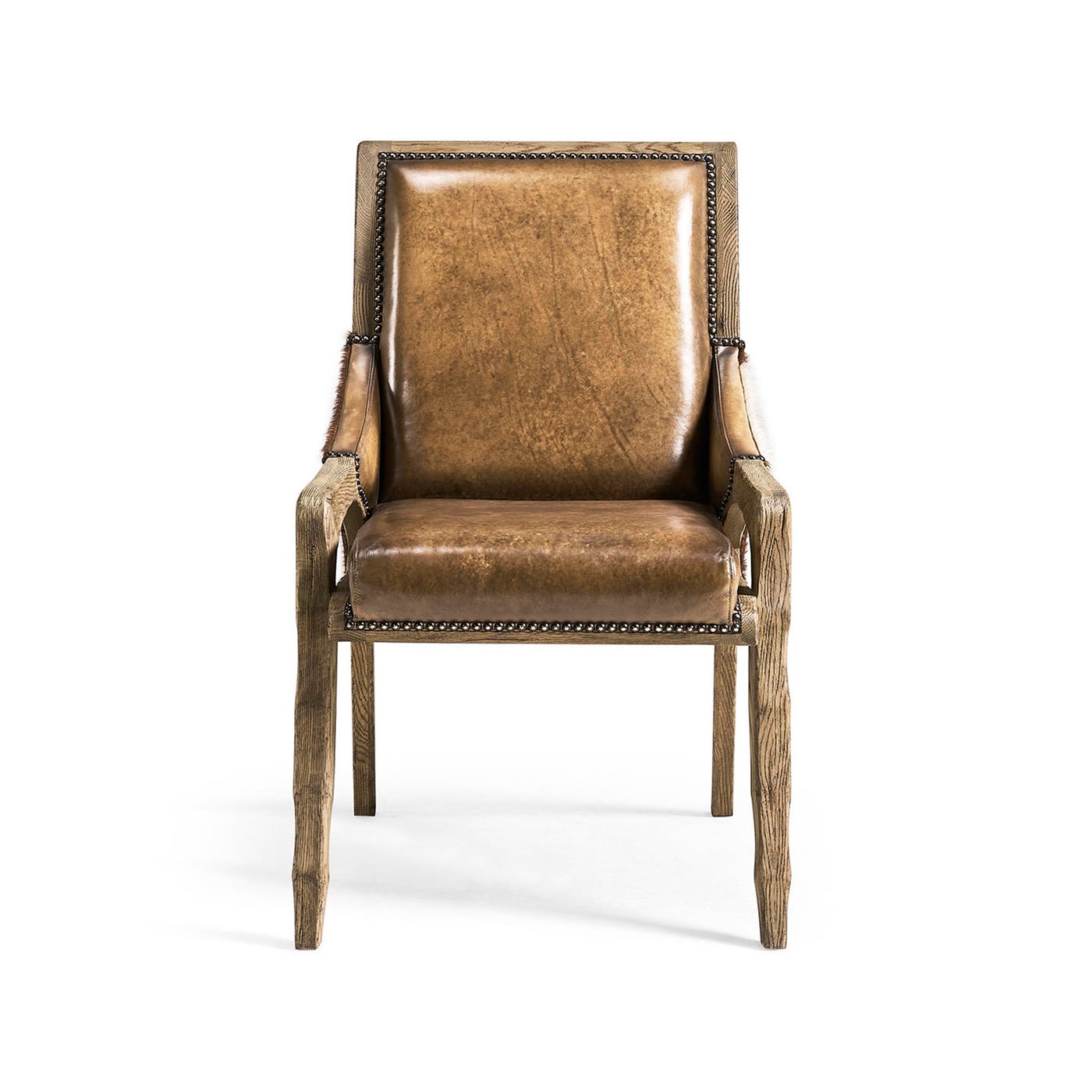 Front view rustic western chair with leather cushion.