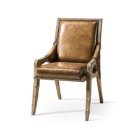 Rustic western leather chair front view with wood frame.