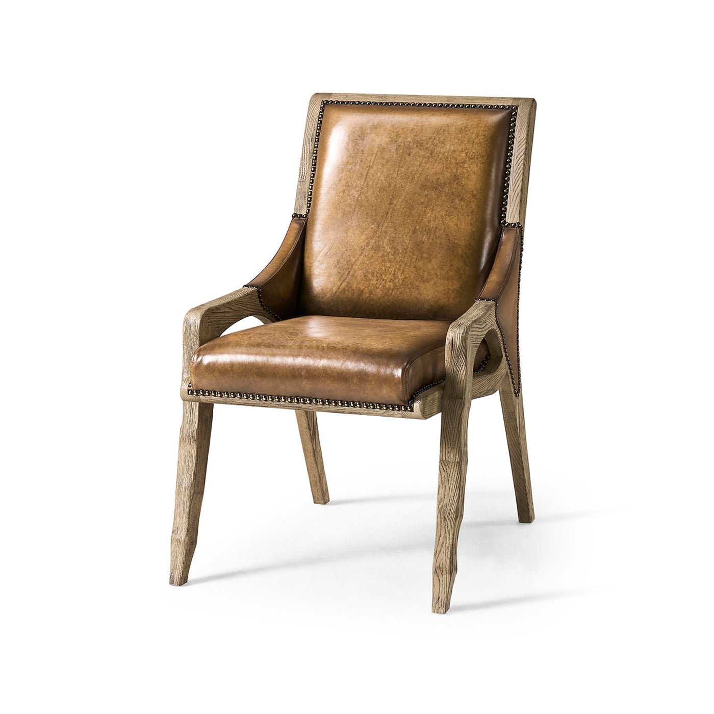 Rustic leather side chair front view, wooden frame, brown seat