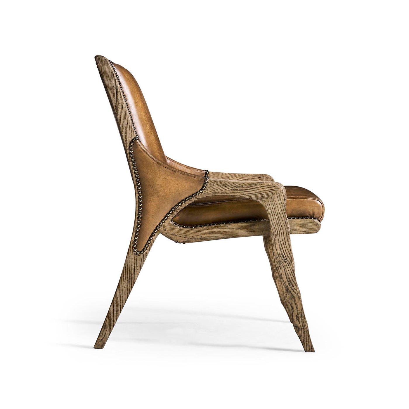 Rustic side chair profile, wooden legs and leather upholstery
