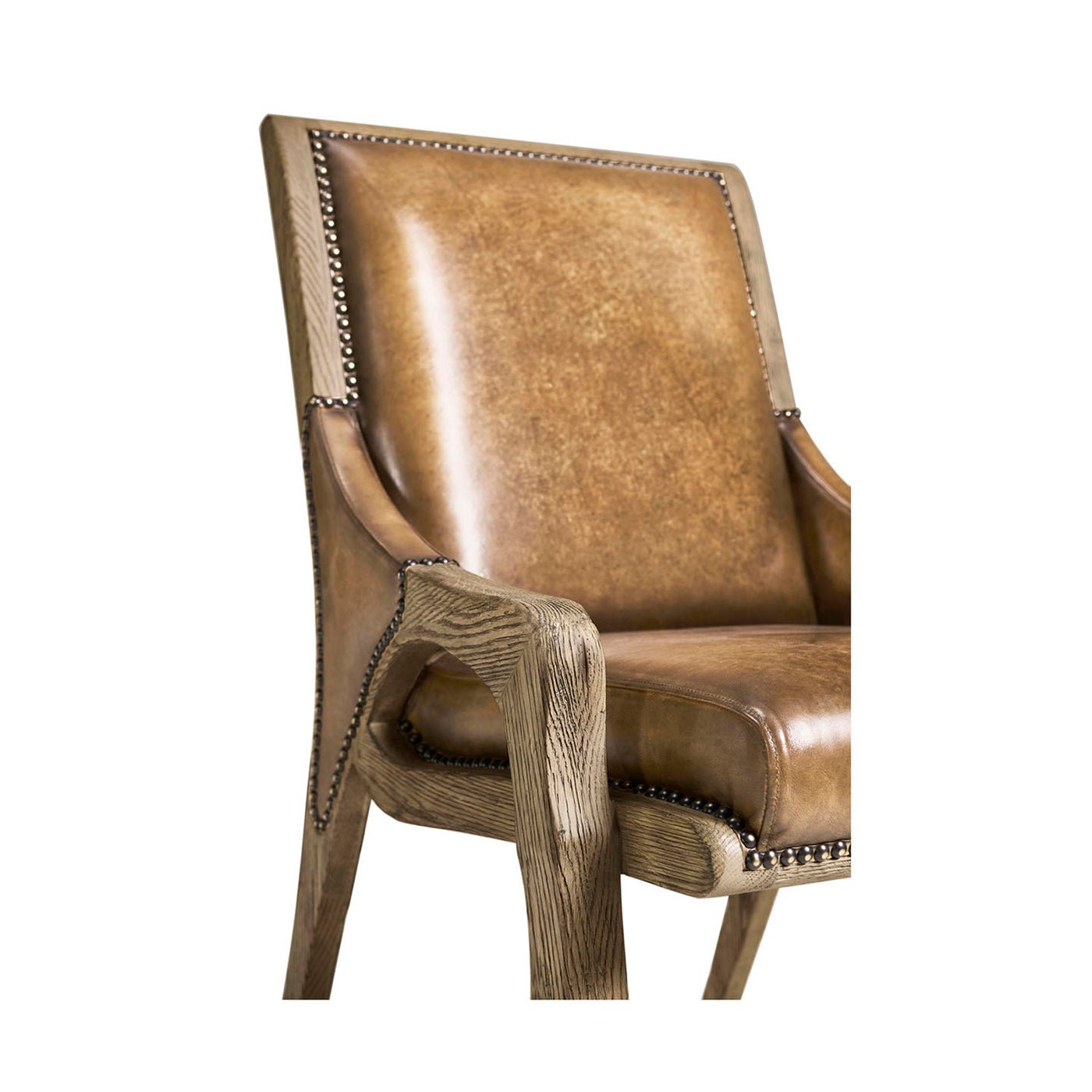 Upper section detail, rustic chair, leather back, stud accents