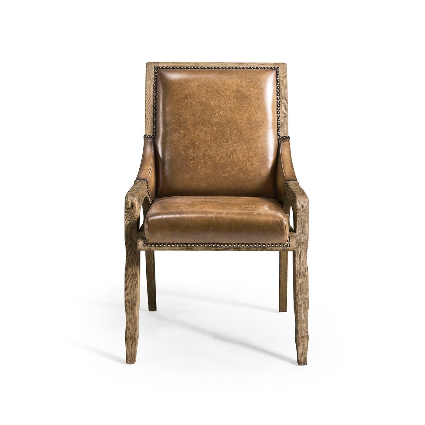Front view rustic chair, brown leather, wooden arms