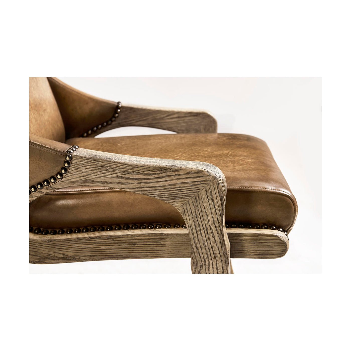 Side armrest view, rustic chair, wood grain, leather seat