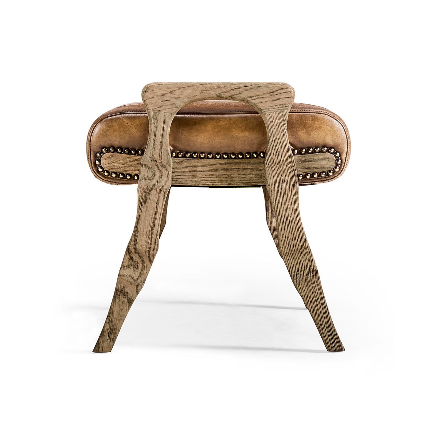 Rustic footstool side profile, wooden legs and leather seat.