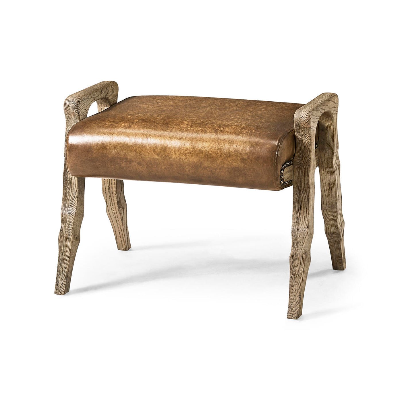 Rustic western leather footstool, angled front view.
