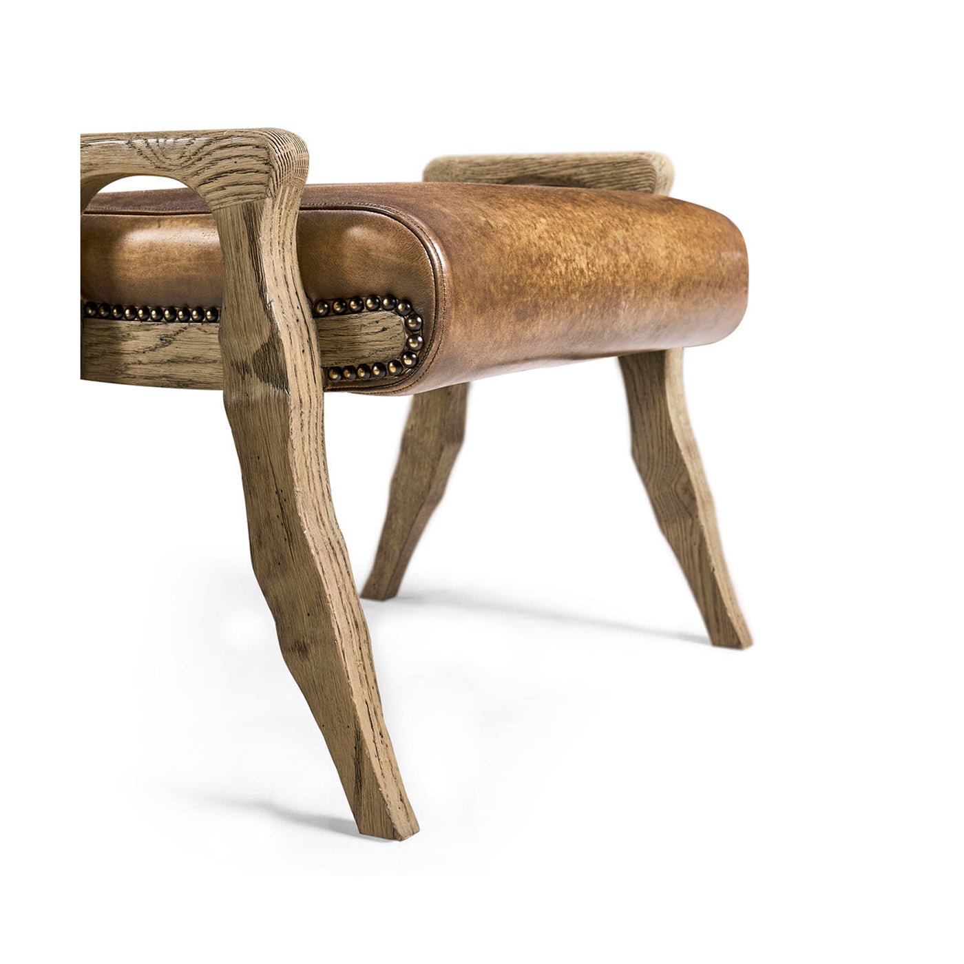 Bottom angle view of rustic leather footstool.