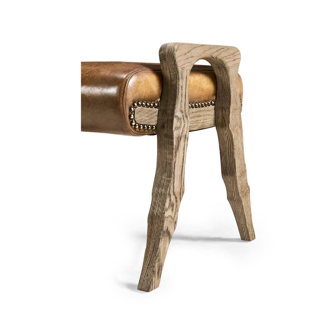 Close-up of rustic footstool wooden leg design.