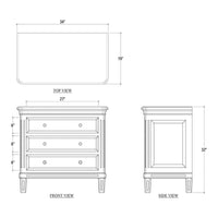 Dimensions and sketches of white nightstand, multiple views.