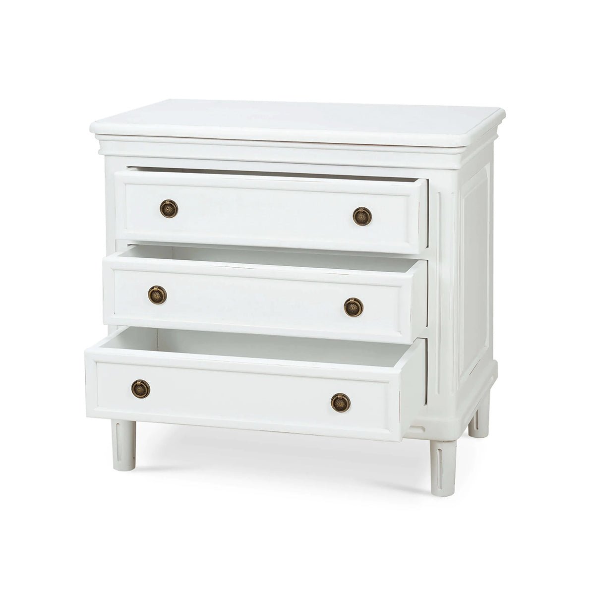 White nightstand with open drawers, angled view.