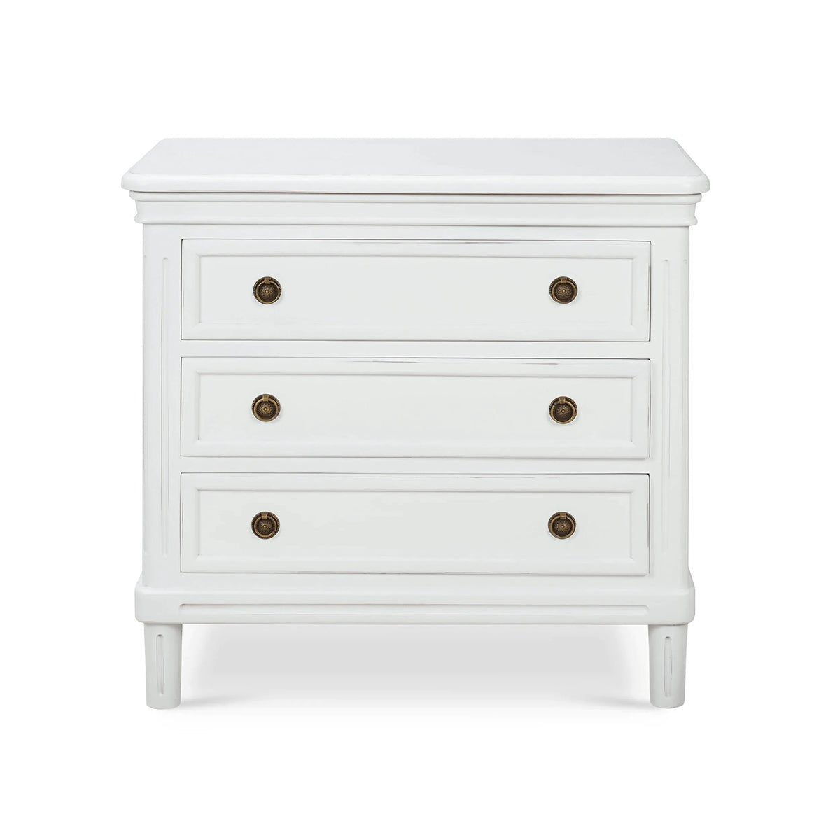 Front view of white nightstand with three drawers.