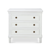 Front view of white nightstand with three drawers.