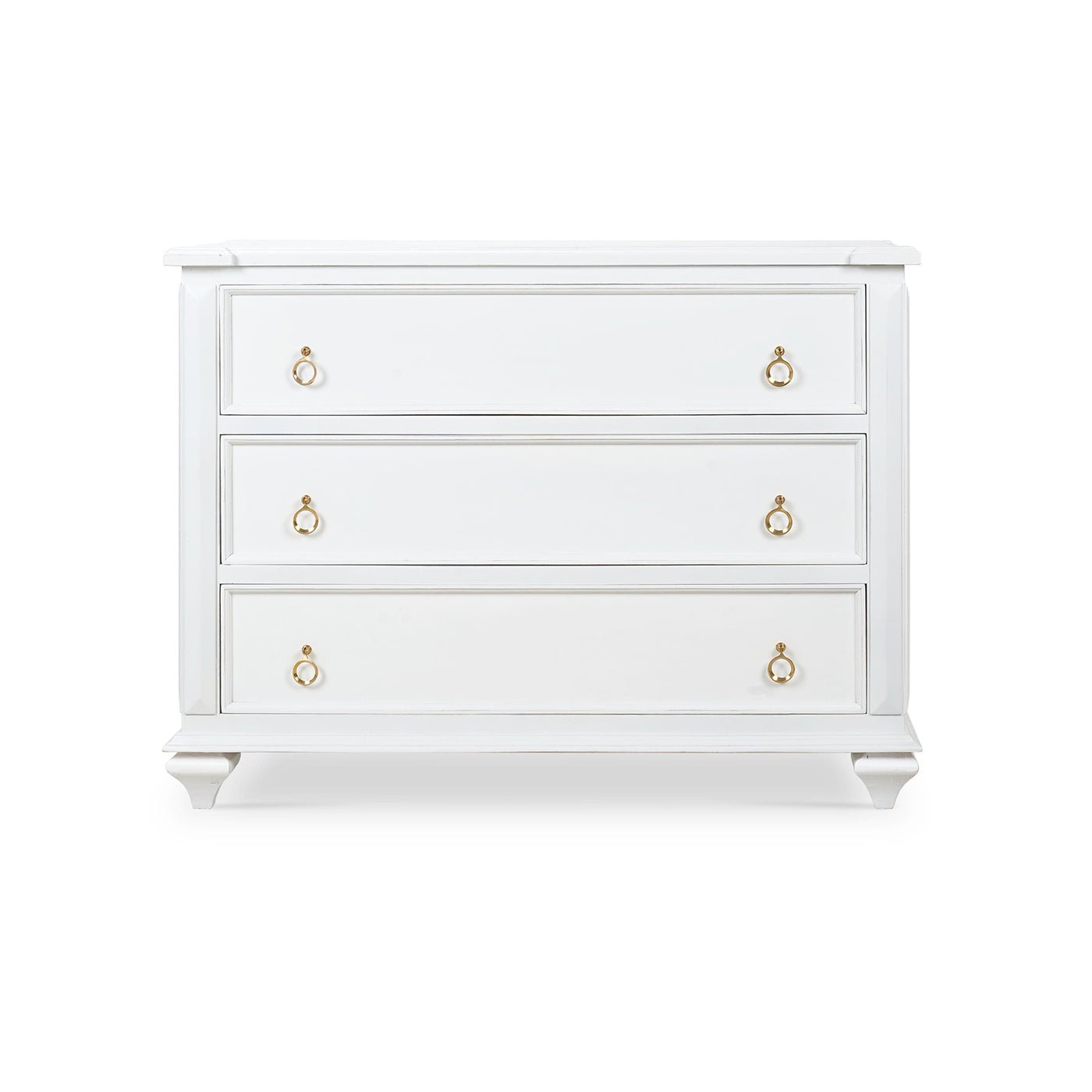 Front view of white dresser, three drawers with handles.